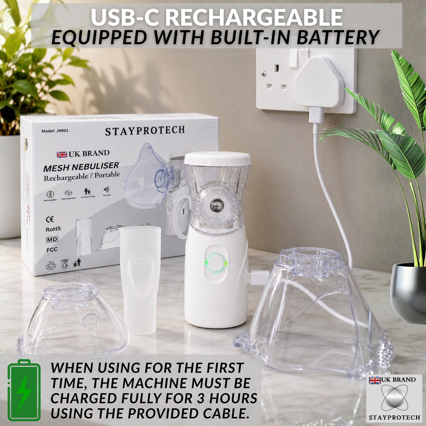 STAYPROTECH Portable Nebuliser Machine for Adults & Kids, Rechargeable USB-C nebuliser steam inhaler, Compact handheld nebulizer respiratory relief.