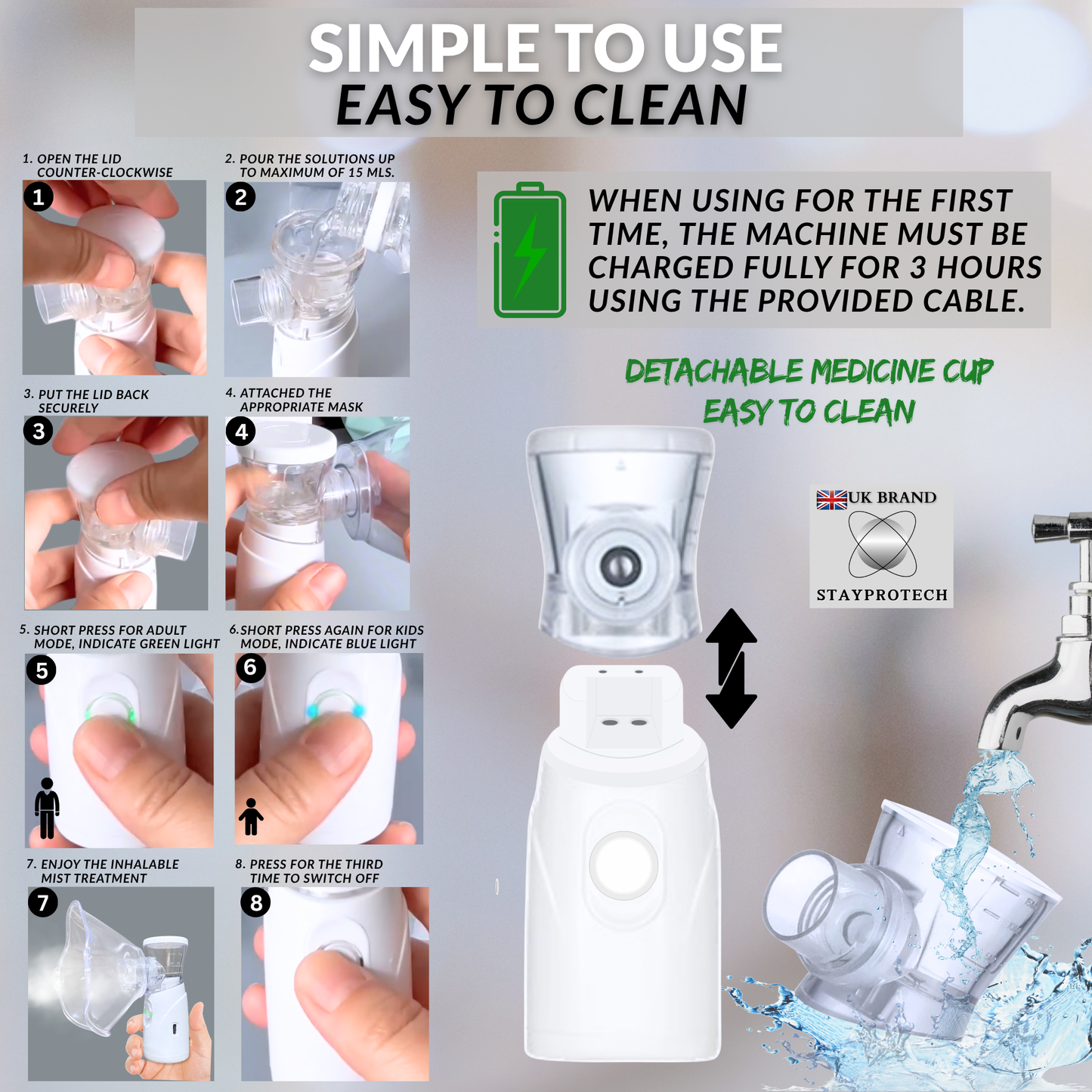 STAYPROTECH Portable Nebuliser Machine for Adults & Kids, Rechargeable USB-C nebuliser steam inhaler, Compact handheld nebulizer respiratory relief.