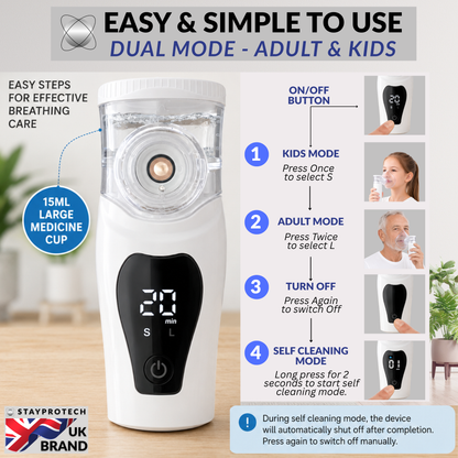 Portable Nebuliser Machine for Adults & Kids, Rechargeable USB-C & Advanced Digital Display Nebulizer with Adjustable Mist steam inhaler, Silent Handheld sinus steamer Mesh nebuliser.