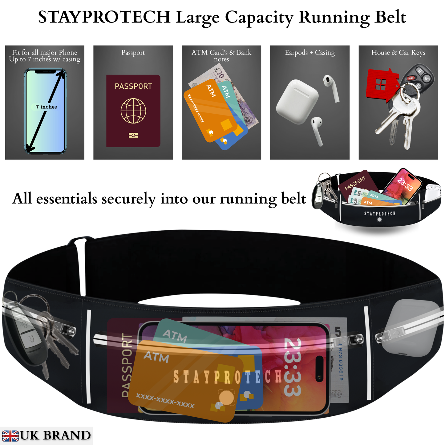 STAYPROTECH Running belt, large capacity phone holder for running, Adjustable waist bag for men & women, Waterproof Ultra-slim belt bag running phone holder and money belt.