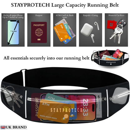 STAYPROTECH Running belt, large capacity phone holder for running, Adjustable waist bag for men & women, Waterproof Ultra-slim belt bag running phone holder and money belt.