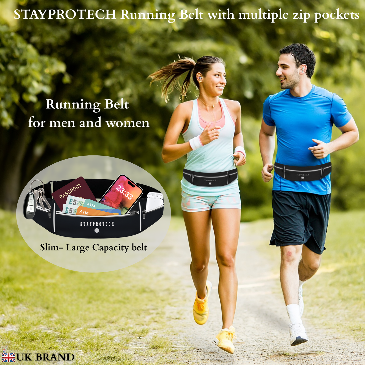 STAYPROTECH Running belt, large capacity phone holder for running, Adjustable waist bag for men & women, Waterproof Ultra-slim belt bag running phone holder and money belt.
