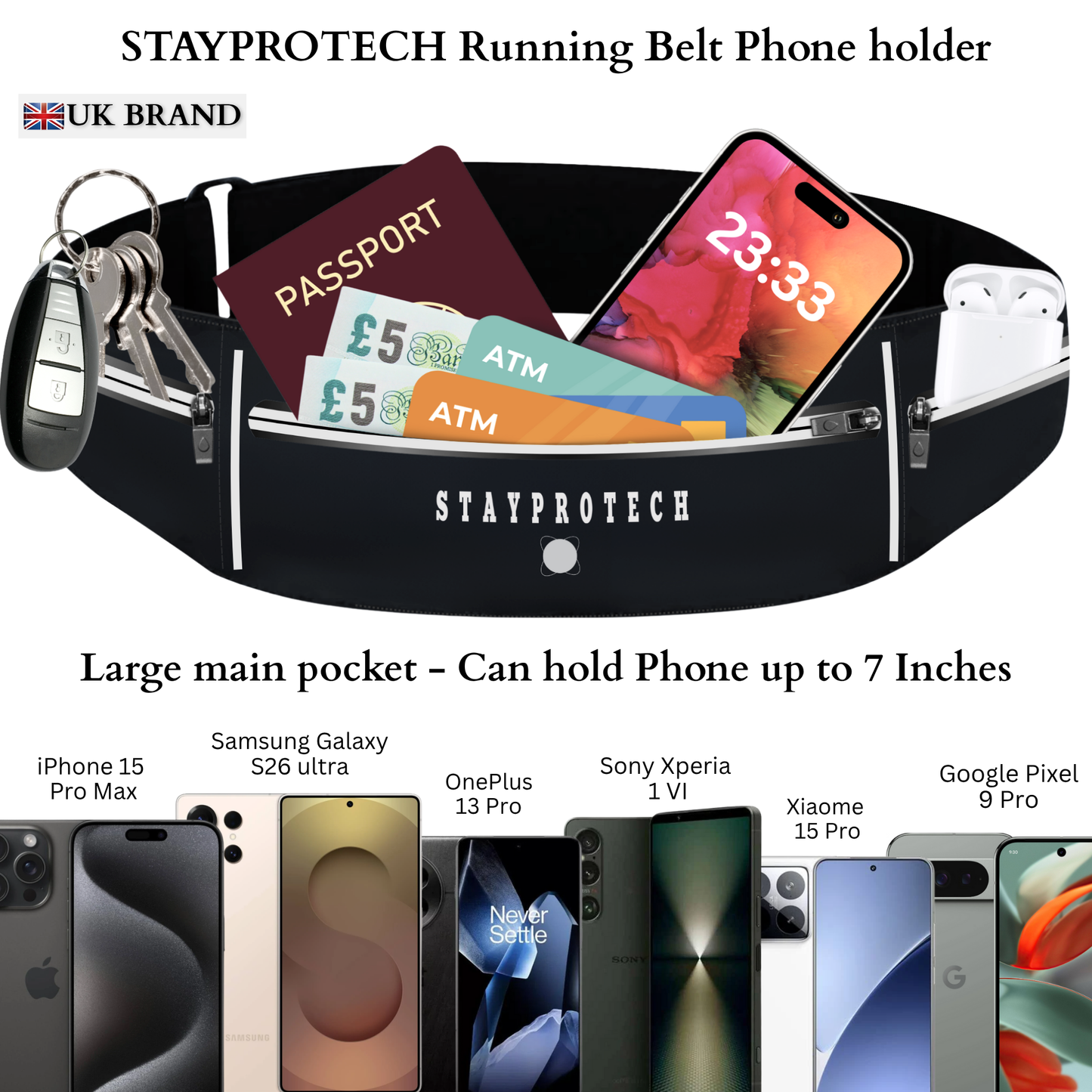 STAYPROTECH Running belt, large capacity phone holder for running, Adjustable waist bag for men & women, Waterproof Ultra-slim belt bag running phone holder and money belt.