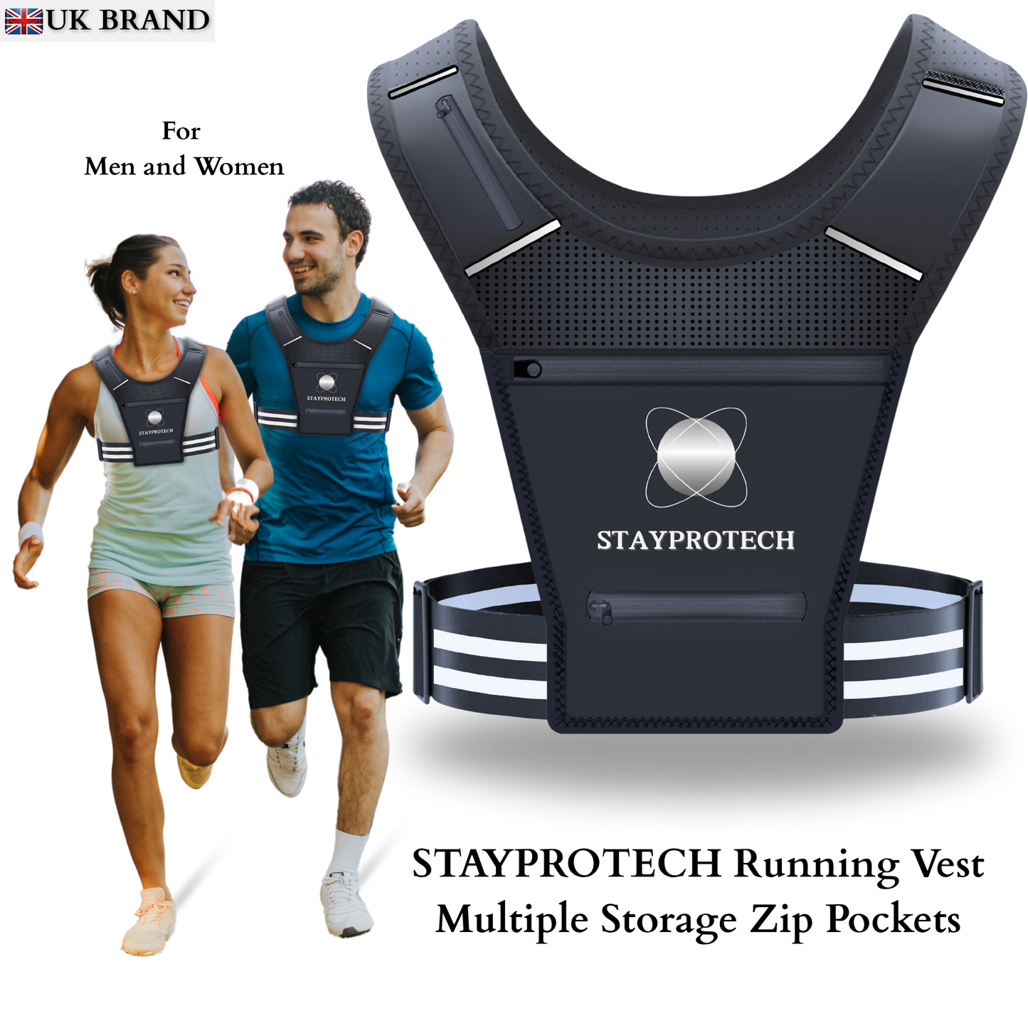 STAYPROTECH Running Vest, Phone Holder for Running with Multiple Pockets, Adjustable Waistband, Waterproof Phone Pouch, Lightweight and Reflective Running Vest Women & Men