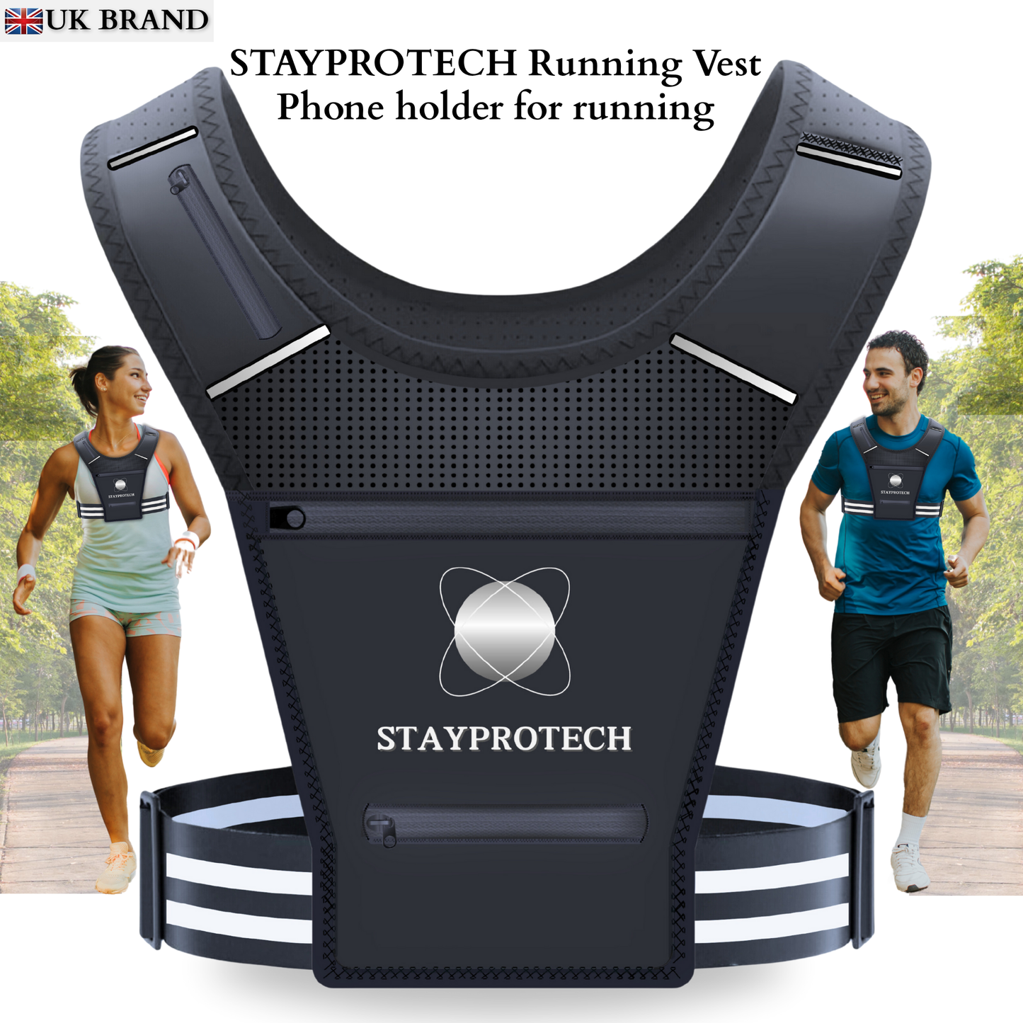 STAYPROTECH Running Vest, Phone Holder for Running with Multiple Pockets, Adjustable Waistband, Waterproof Phone Pouch, Lightweight and Reflective Running Vest Women & Men
