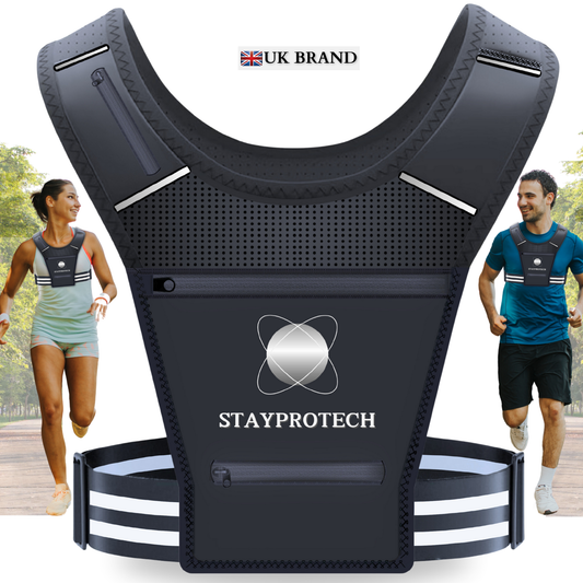 STAYPROTECH Running Vest, Phone Holder for Running with Multiple Pockets, Adjustable Waistband, Waterproof Phone Pouch, Lightweight and Reflective Running Vest Women & Men