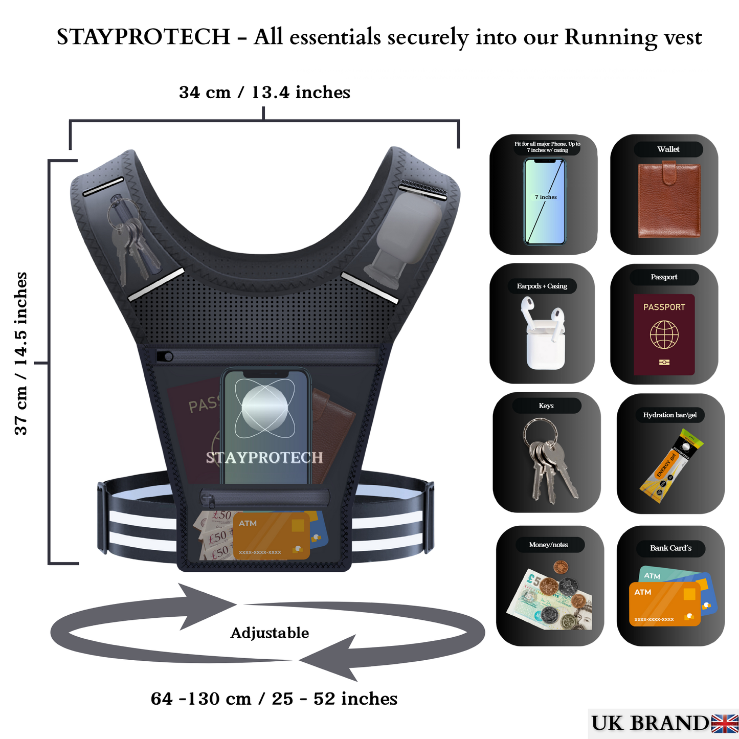 STAYPROTECH Running Vest, Phone Holder for Running with Multiple Pockets, Adjustable Waistband, Waterproof Phone Pouch, Lightweight and Reflective Running Vest Women & Men