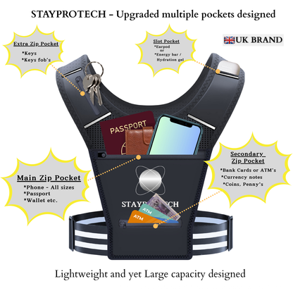 STAYPROTECH Running Vest, Phone Holder for Running with Multiple Pockets, Adjustable Waistband, Waterproof Phone Pouch, Lightweight and Reflective Running Vest Women & Men
