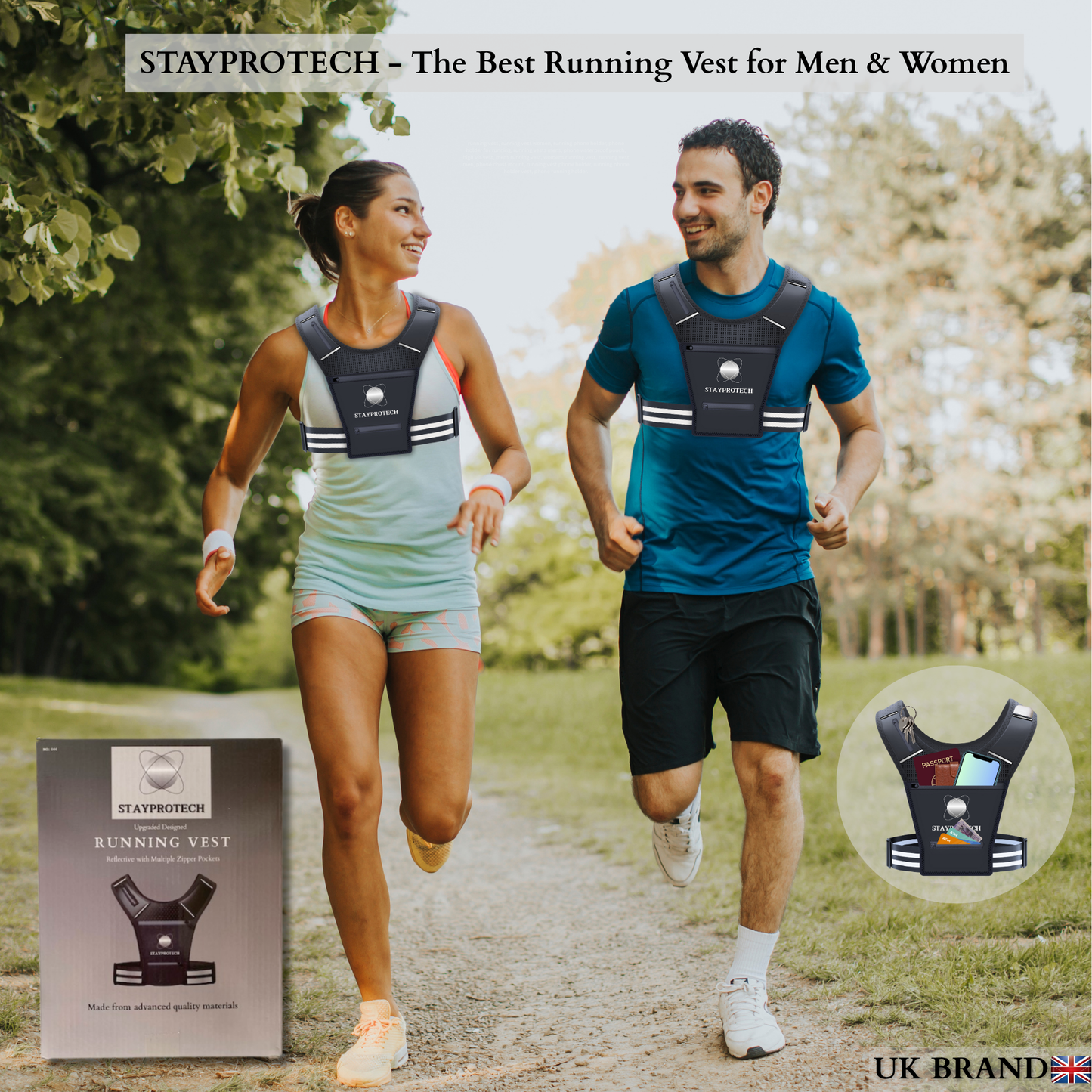 STAYPROTECH Running Vest, Phone Holder for Running with Multiple Pockets, Adjustable Waistband, Waterproof Phone Pouch, Lightweight and Reflective Running Vest Women & Men