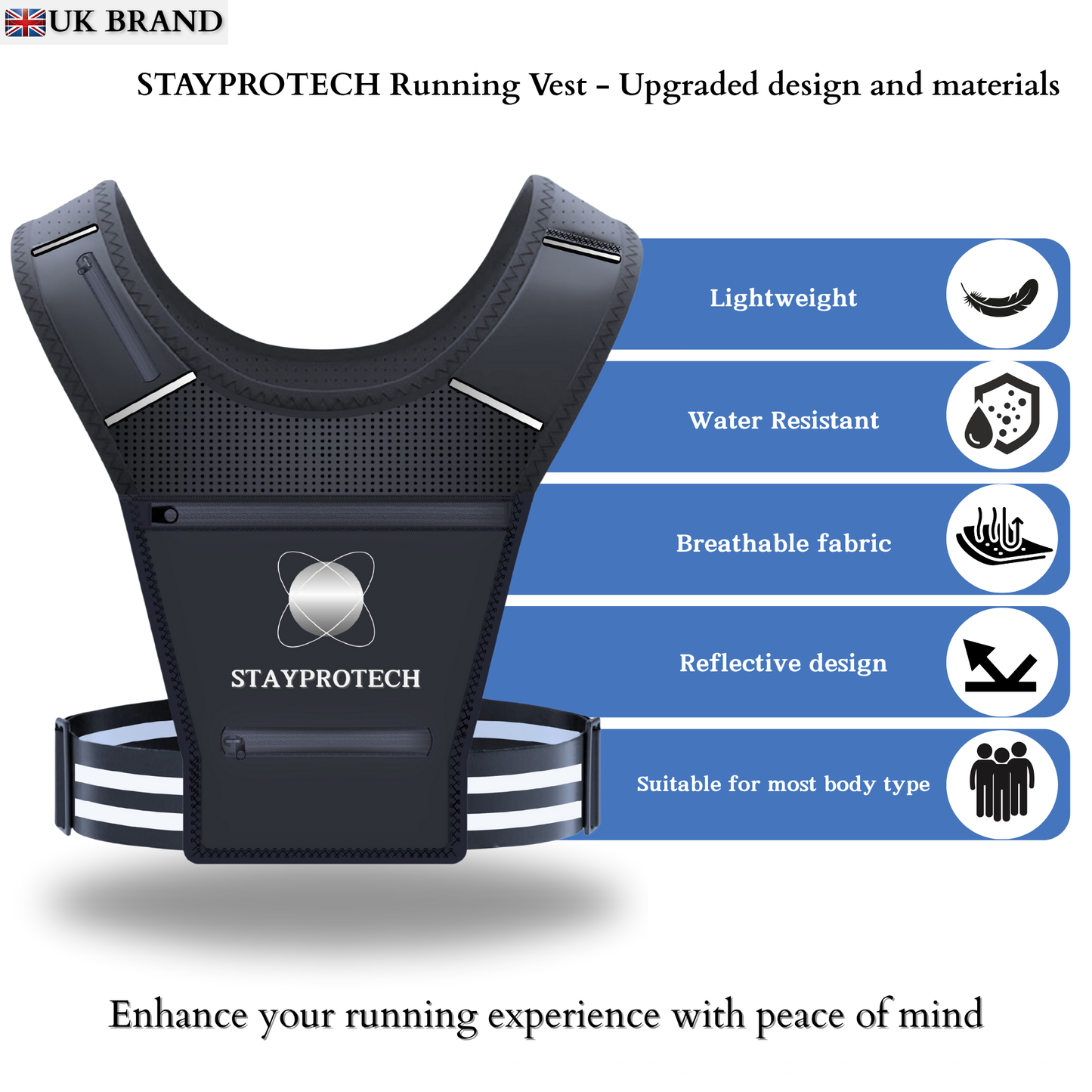 STAYPROTECH Running Vest, Phone Holder for Running with Multiple Pockets, Adjustable Waistband, Waterproof Phone Pouch, Lightweight and Reflective Running Vest Women & Men