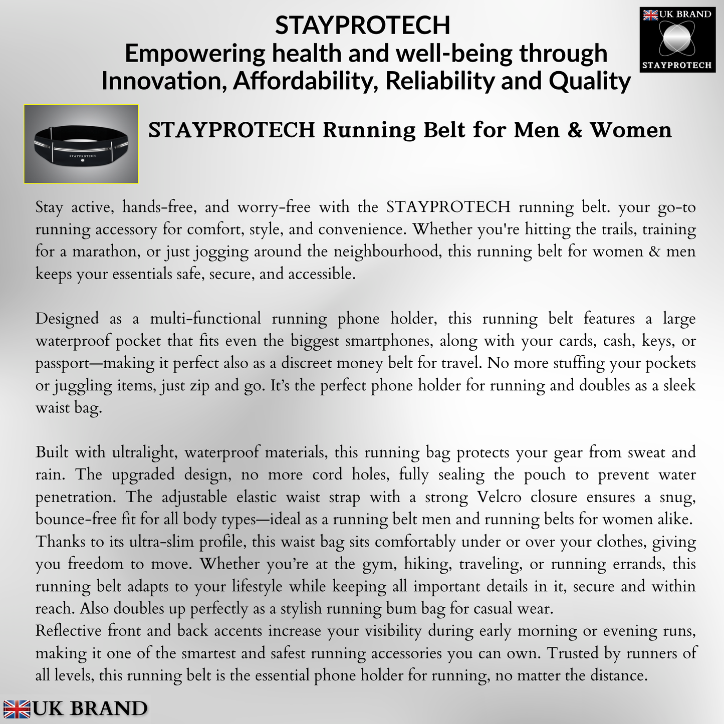 STAYPROTECH Running belt, large capacity phone holder for running, Adjustable waist bag for men & women, Waterproof Ultra-slim belt bag running phone holder and money belt.