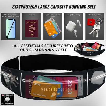 STAYPROTECH Running belt, large capacity phone holder for running, Adjustable waist bag for men & women, Waterproof Ultra-slim belt bag running phone holder and money belt.