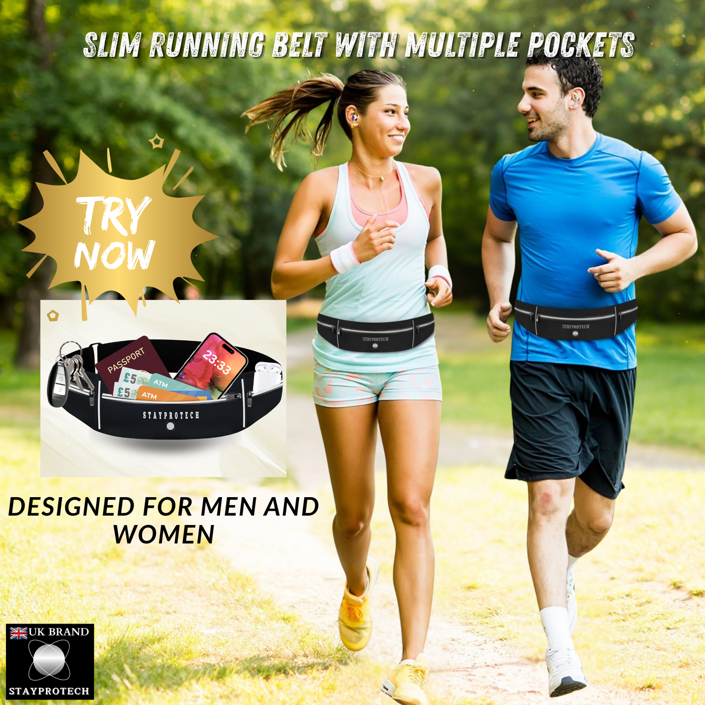 STAYPROTECH Running belt, large capacity phone holder for running, Adjustable waist bag for men & women, Waterproof Ultra-slim belt bag running phone holder and money belt.