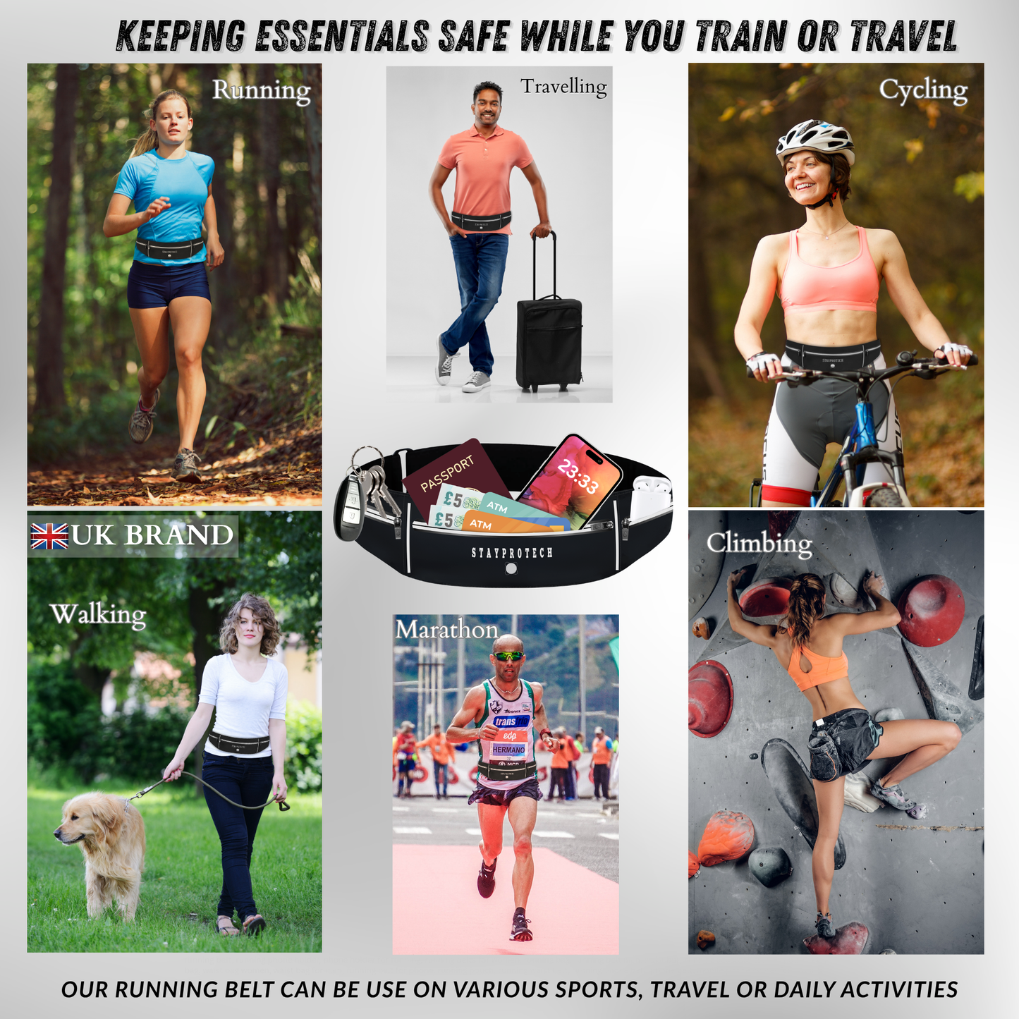 STAYPROTECH Running belt, large capacity phone holder for running, Adjustable waist bag for men & women, Waterproof Ultra-slim belt bag running phone holder and money belt.