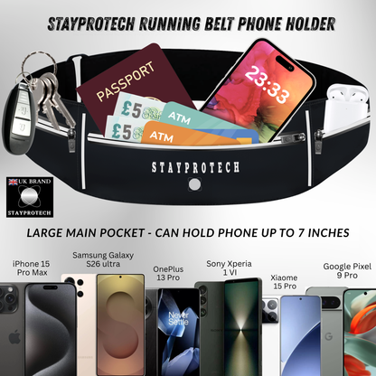 STAYPROTECH Running belt, large capacity phone holder for running, Adjustable waist bag for men & women, Waterproof Ultra-slim belt bag running phone holder and money belt.