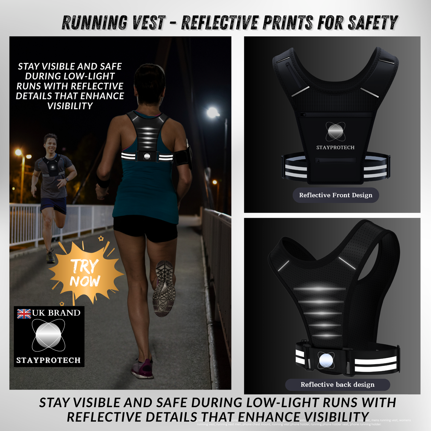 STAYPROTECH Running Vest, Phone Holder for Running with Multiple Pockets, Adjustable Waistband, Waterproof Phone Pouch, Lightweight and Reflective Running Vest Women & Men