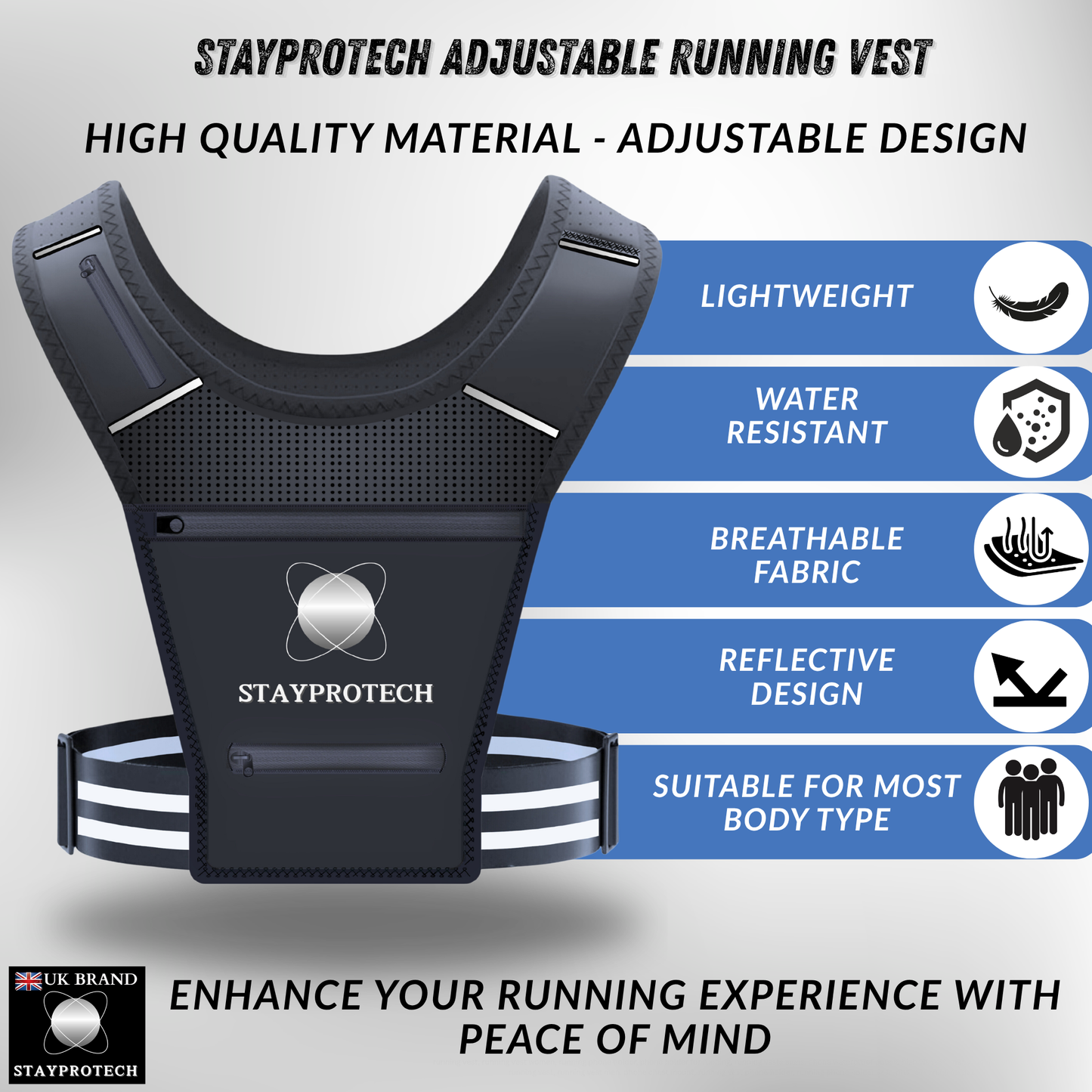STAYPROTECH Running Vest, Phone Holder for Running with Multiple Pockets, Adjustable Waistband, Waterproof Phone Pouch, Lightweight and Reflective Running Vest Women & Men