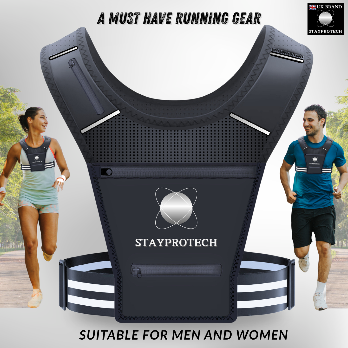 STAYPROTECH Running Vest, Phone Holder for Running with Multiple Pockets, Adjustable Waistband, Waterproof Phone Pouch, Lightweight and Reflective Running Vest Women & Men