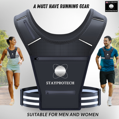 STAYPROTECH Running Vest, Phone Holder for Running with Multiple Pockets, Adjustable Waistband, Waterproof Phone Pouch, Lightweight and Reflective Running Vest Women & Men