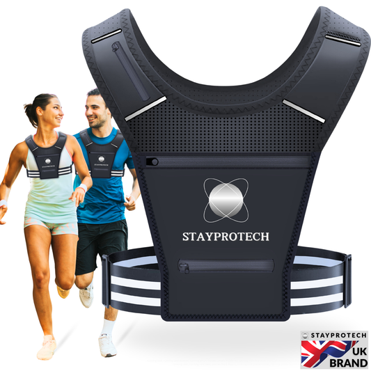 STAYPROTECH Running Vest, Phone Holder for Running with Multiple Pockets, Adjustable Waistband, Waterproof Phone Pouch, Lightweight and Reflective Running Vest Women & Men