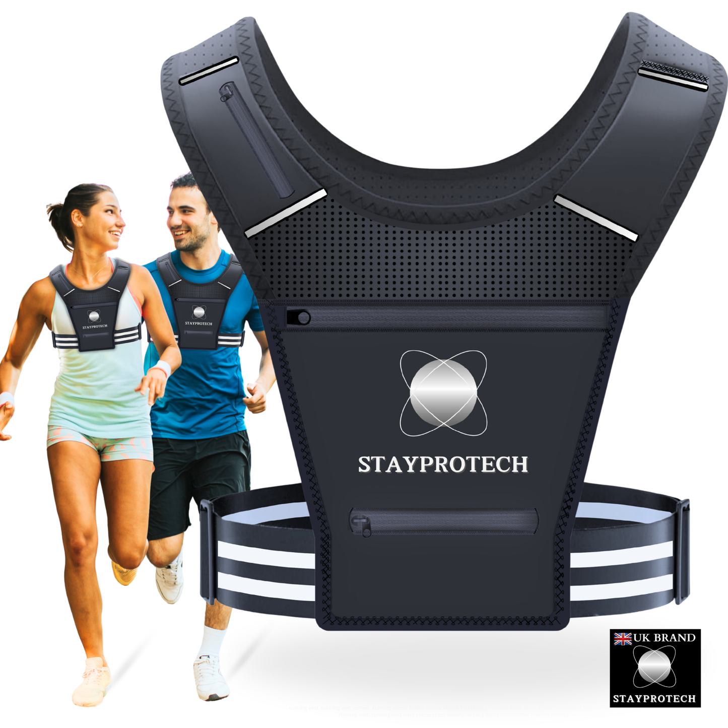 STAYPROTECH Running Vest, Phone Holder for Running with Multiple Pockets, Adjustable Waistband, Waterproof Phone Pouch, Lightweight and Reflective Running Vest Women & Men