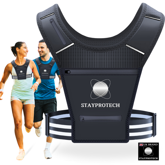 STAYPROTECH Running Vest, Phone Holder for Running with Multiple Pockets, Adjustable Waistband, Waterproof Phone Pouch, Lightweight and Reflective Running Vest Women & Men