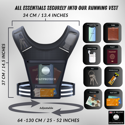 STAYPROTECH Running Vest, Phone Holder for Running with Multiple Pockets, Adjustable Waistband, Waterproof Phone Pouch, Lightweight and Reflective Running Vest Women & Men