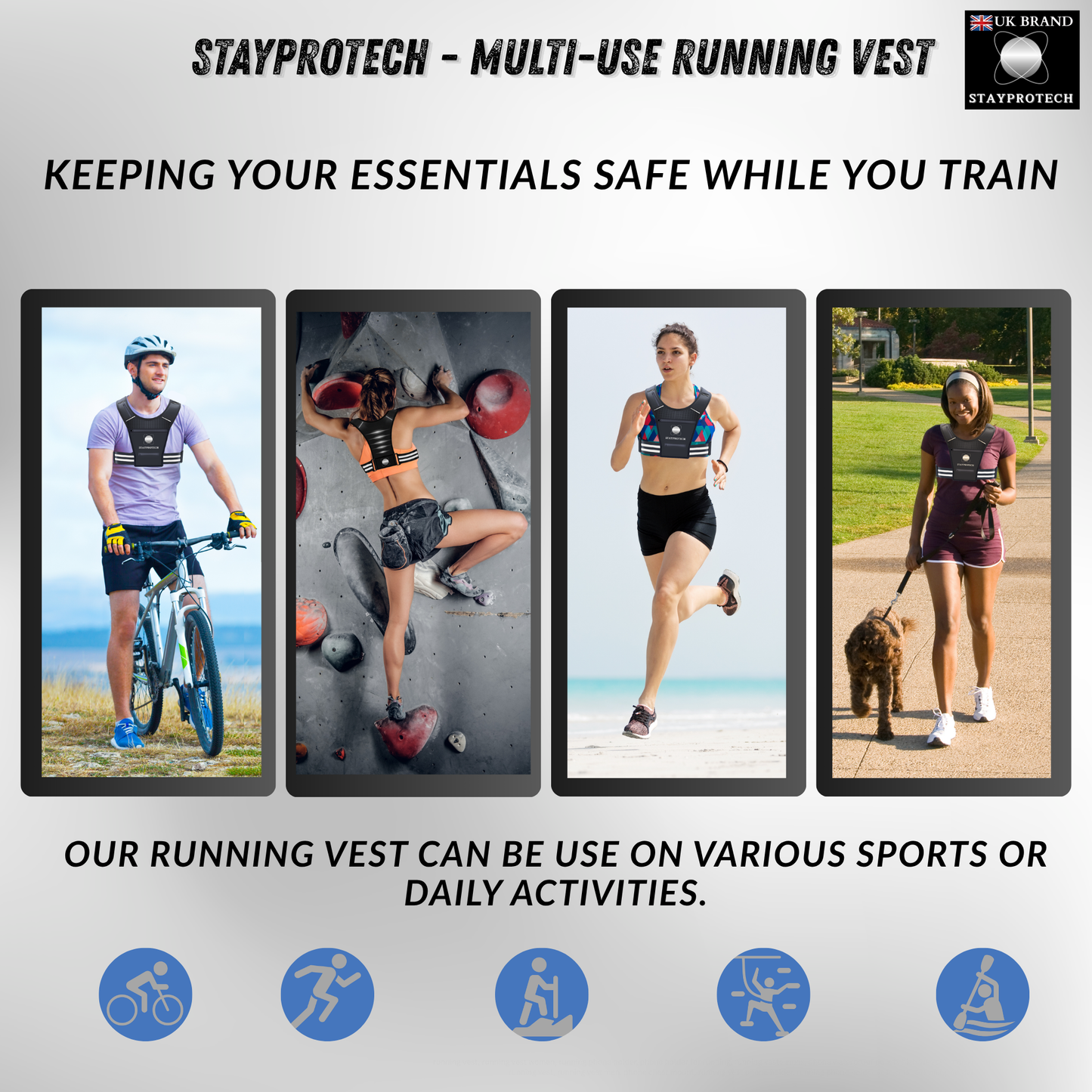 STAYPROTECH Running Vest, Phone Holder for Running with Multiple Pockets, Adjustable Waistband, Waterproof Phone Pouch, Lightweight and Reflective Running Vest Women & Men