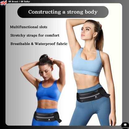 Running Belt with Adjustable Elastic Waist Strap, Large Capacity Phone Pocket, Water bottle & Keys Holder, Lightweight, Sweat proof, Ideal for Running and Outdoor Activities.