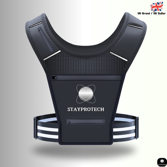 STAYPROTECH Running Vest, Phone Holder for Running with Multiple Pockets, Adjustable Waistband, Waterproof Phone Pouch, Lightweight and Reflective Running Vest Women & Men