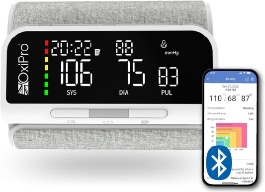 Smart Blood Pressure Monitor Machine Bluetooth with App Pulse/HR Detection Large Upper Arm Cuff Reliable Quick Results CE Approved