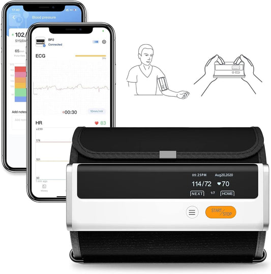 Smart Blood Pressure Monitor Machine Bluetooth with App ECG Pulse/HR Detection Large Upper Arm Cuff Reliable Quick Results CE Approved