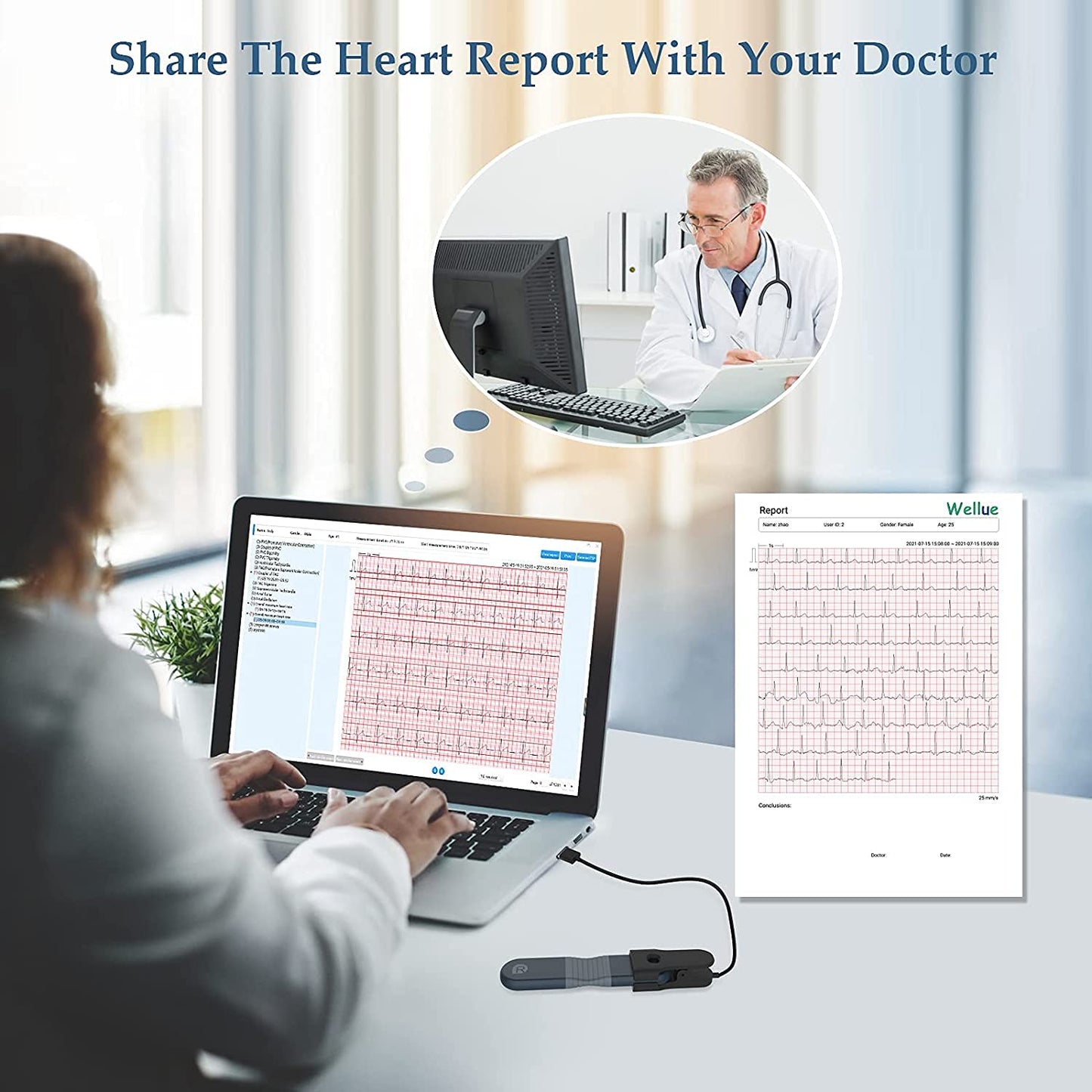 Personal ECG Device, Portable 24 Hours Holter Recorder with Heart Analysis Report Support PC Software Reliable Fast Results.