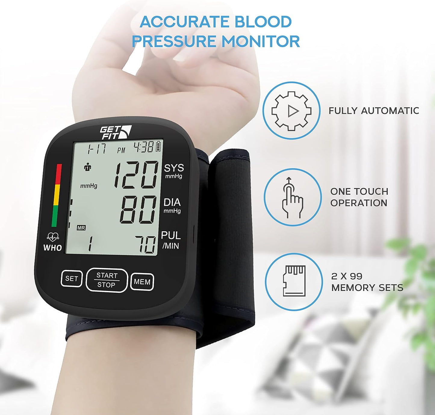 Automatic Wrist Blood Pressure Machine Adjustable Cuff Large LCD Screen Pulse Detection Reliable Quick Results